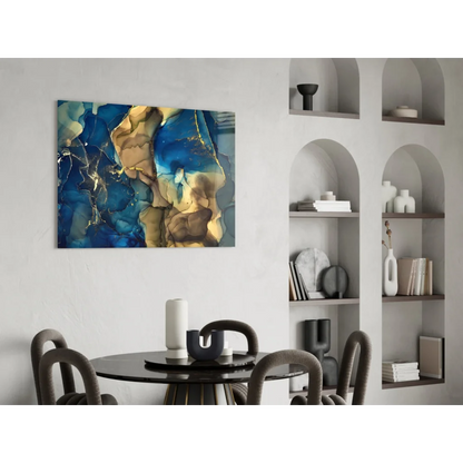 Vibrant swirling blue gold abstract canvas wall art with metallic shine