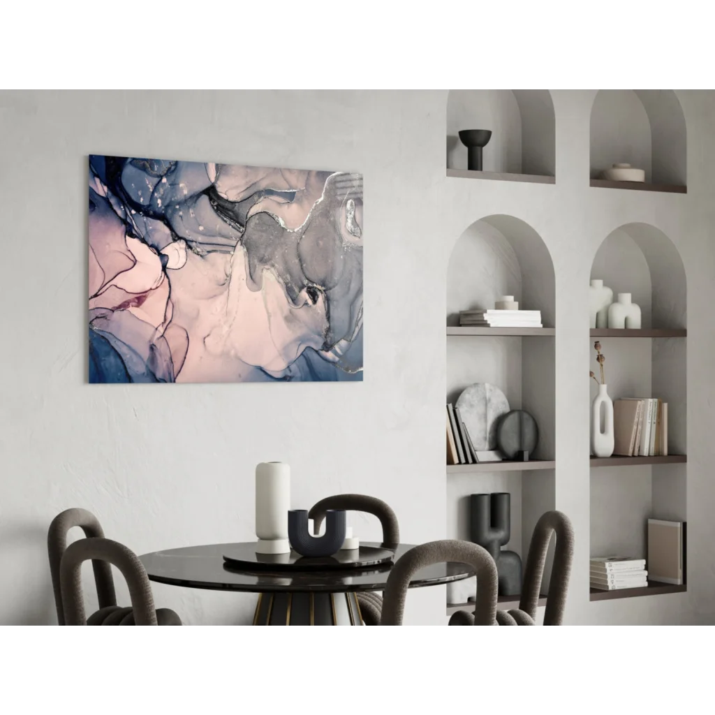 Abstract glass wall art with swirling blue, pink, gray patterns on white wall