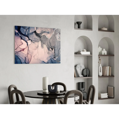 Abstract glass wall art with swirling blue, pink, gray patterns on white wall