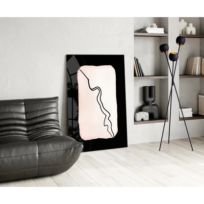 Blush pink glass wall art with bold black wave on minimalist canvas
