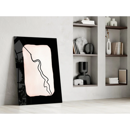 Blush pink glass wall art with bold black wave design