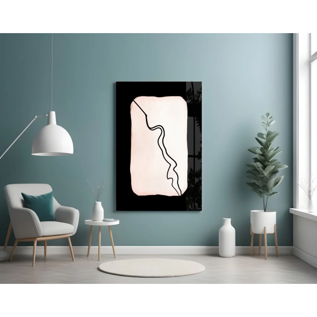 Cream abstract glass wall art with bold black wavy design on blush pink