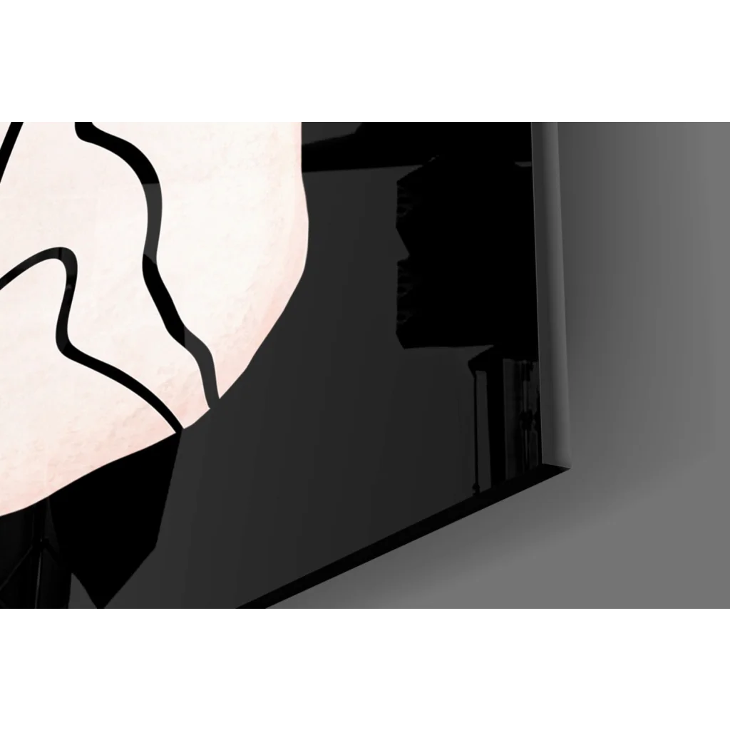 Blush pink glass wall art with bold black wave design