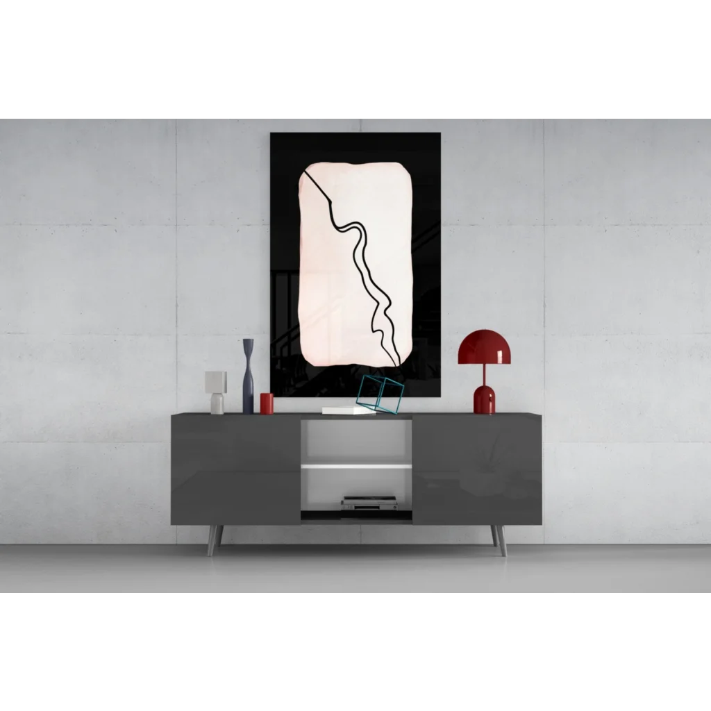 Blush pink glass wall art with bold black wavy line design