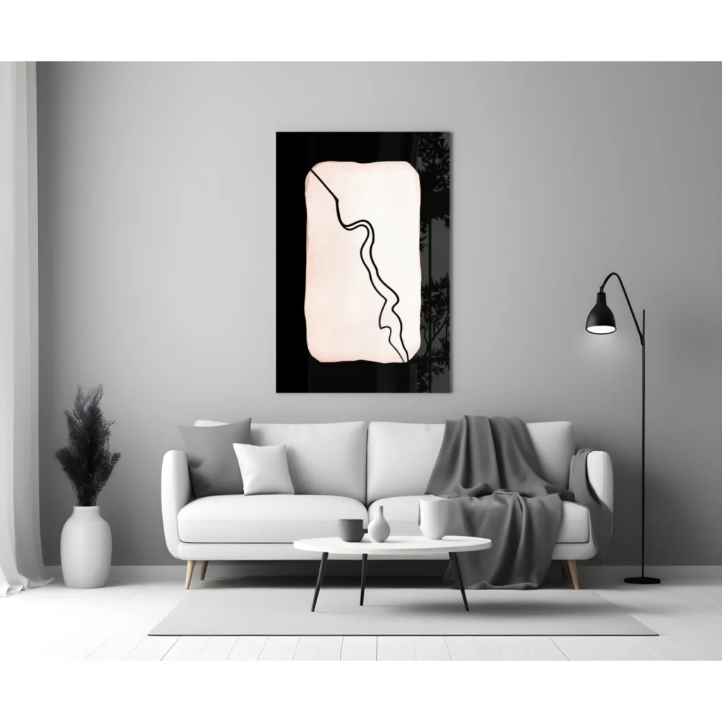 Minimalist blush pink glass wall art with bold black wave on black background