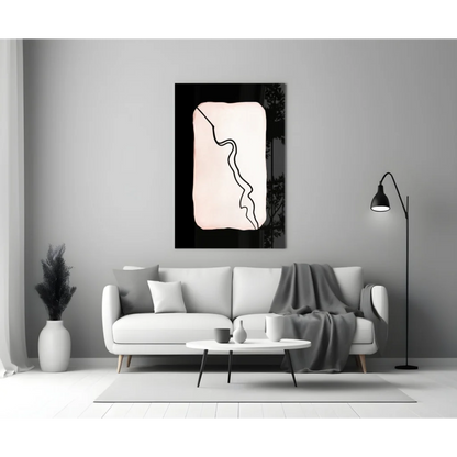 Minimalist blush pink glass wall art with bold black wave on black background