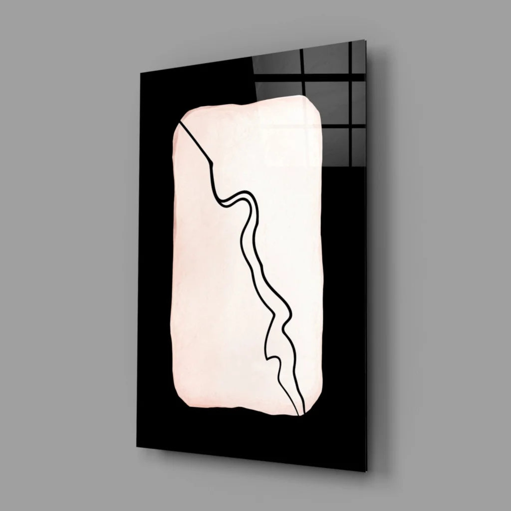 Blush pink glass wall art with bold black wave design
