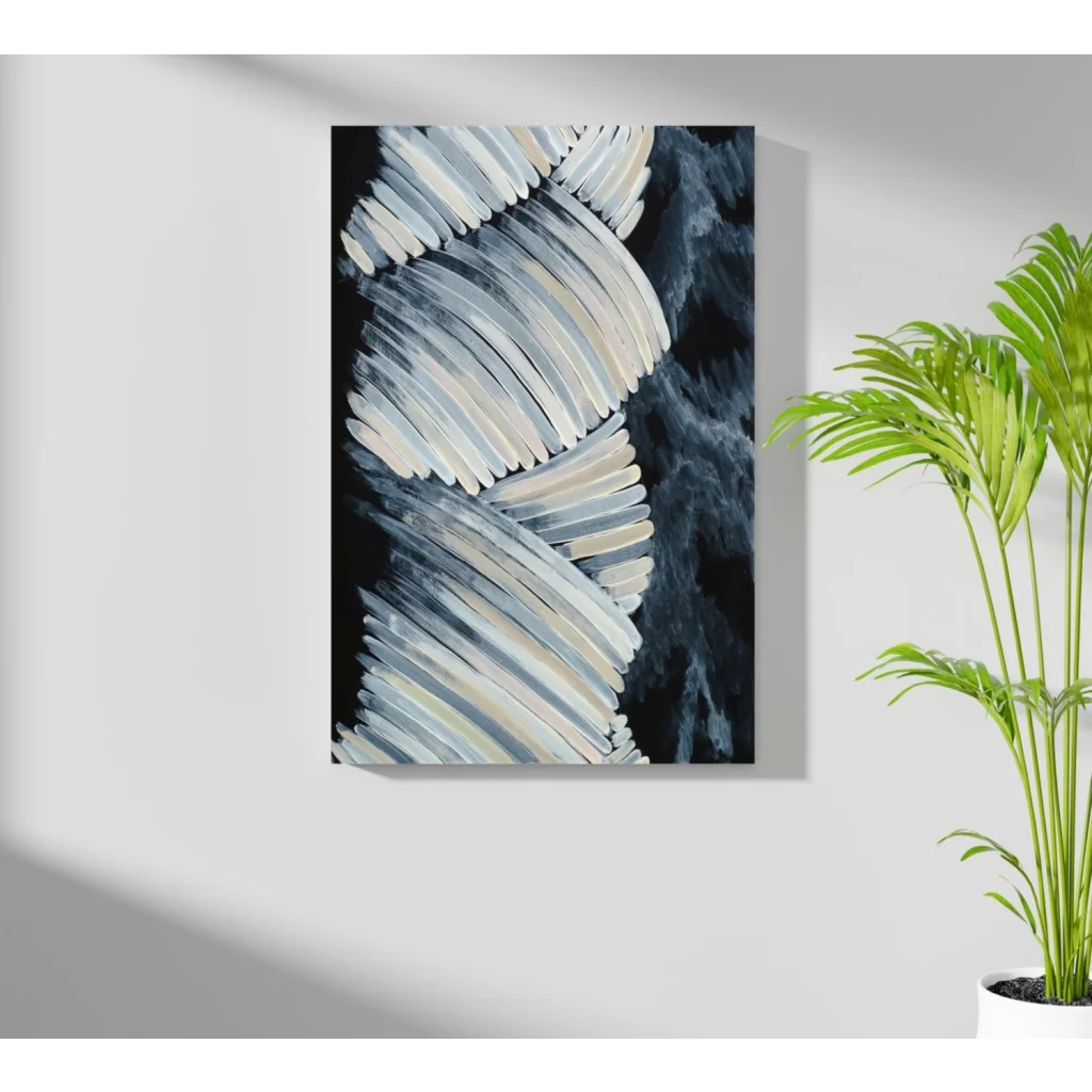 Bold abstract insigne aluminum prints in white gray on black