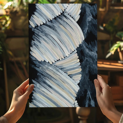 Insigne aluminum prints: bold abstract white and gray brushstrokes on navy