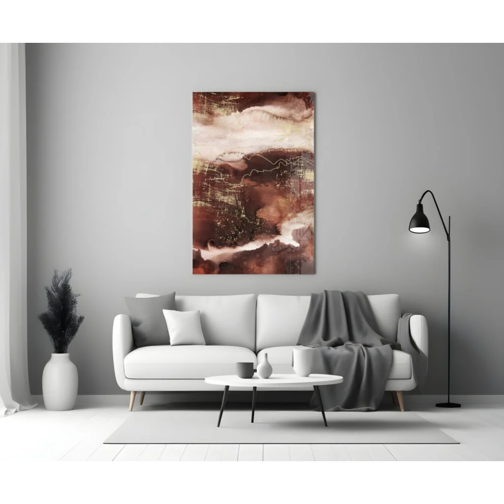 Swirling earth tones abstract wall art canvas above white sofa