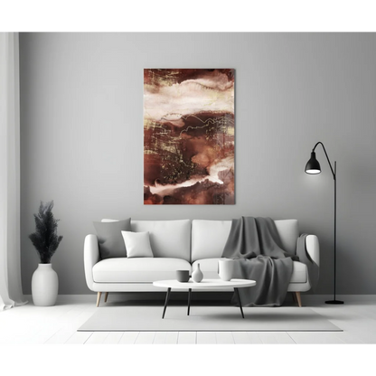 Swirling earth tones abstract wall art canvas above white sofa