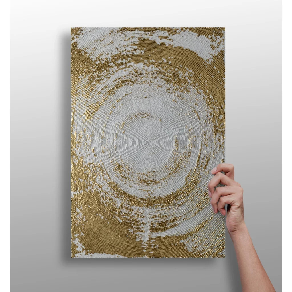 Stunning gold swirl insigne aluminum print with textured gold and white pattern