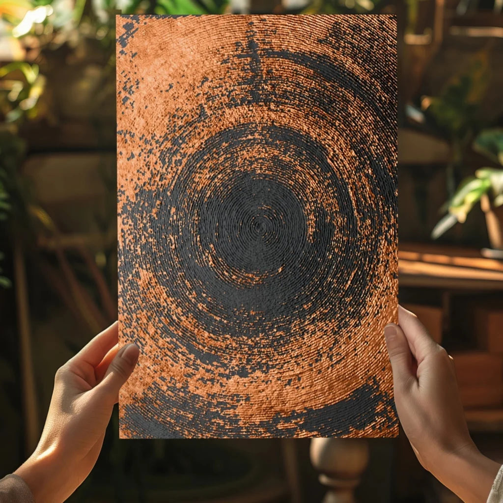 Rustic textured insigne aluminum print with orange brown concentric circles