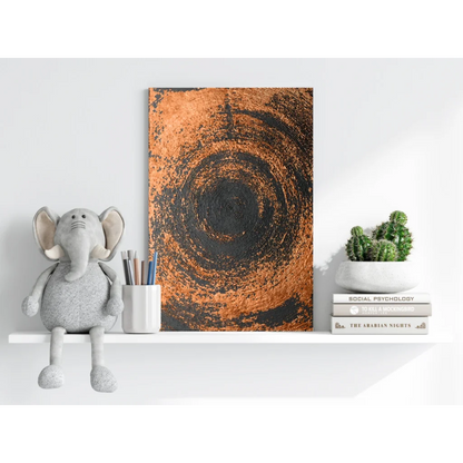 Orange and black abstract canvas with concentric circles on Insigne aluminum print