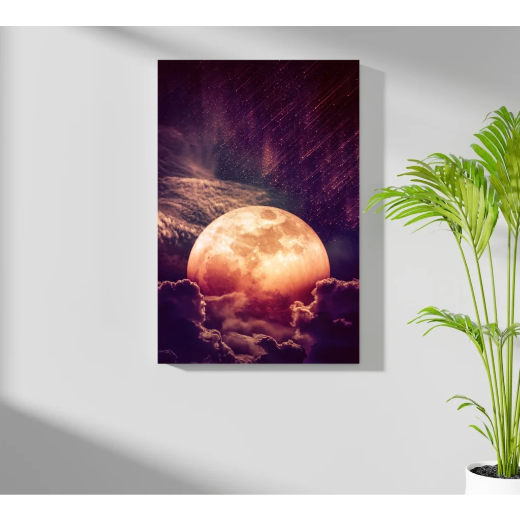 Vibrant orange full moon over starry purple sky on insigne aluminum print