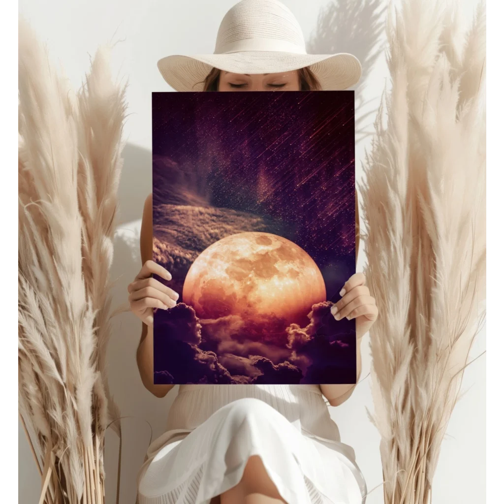 Vibrant orange moon insigne aluminum print with purple starry sky