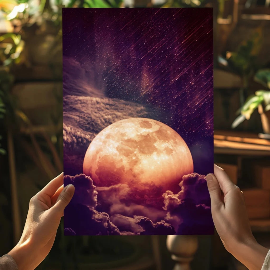 Vibrant orange moon glowing on insigne aluminum print with purple clouds and stars