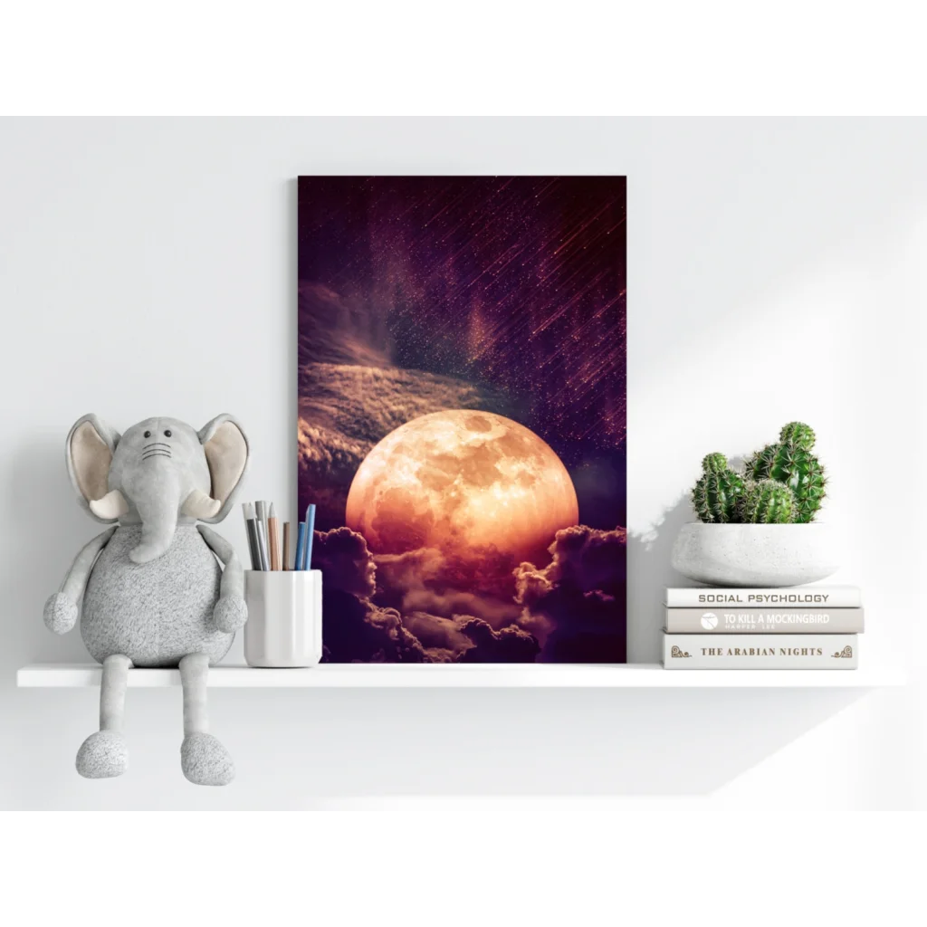Vibrant orange moon on insigne aluminum print with starry purple sky