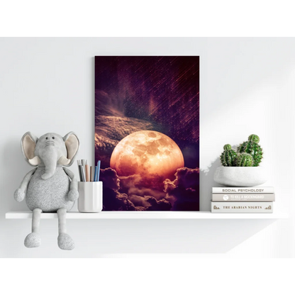 Vibrant orange moon on insigne aluminum print with starry purple sky