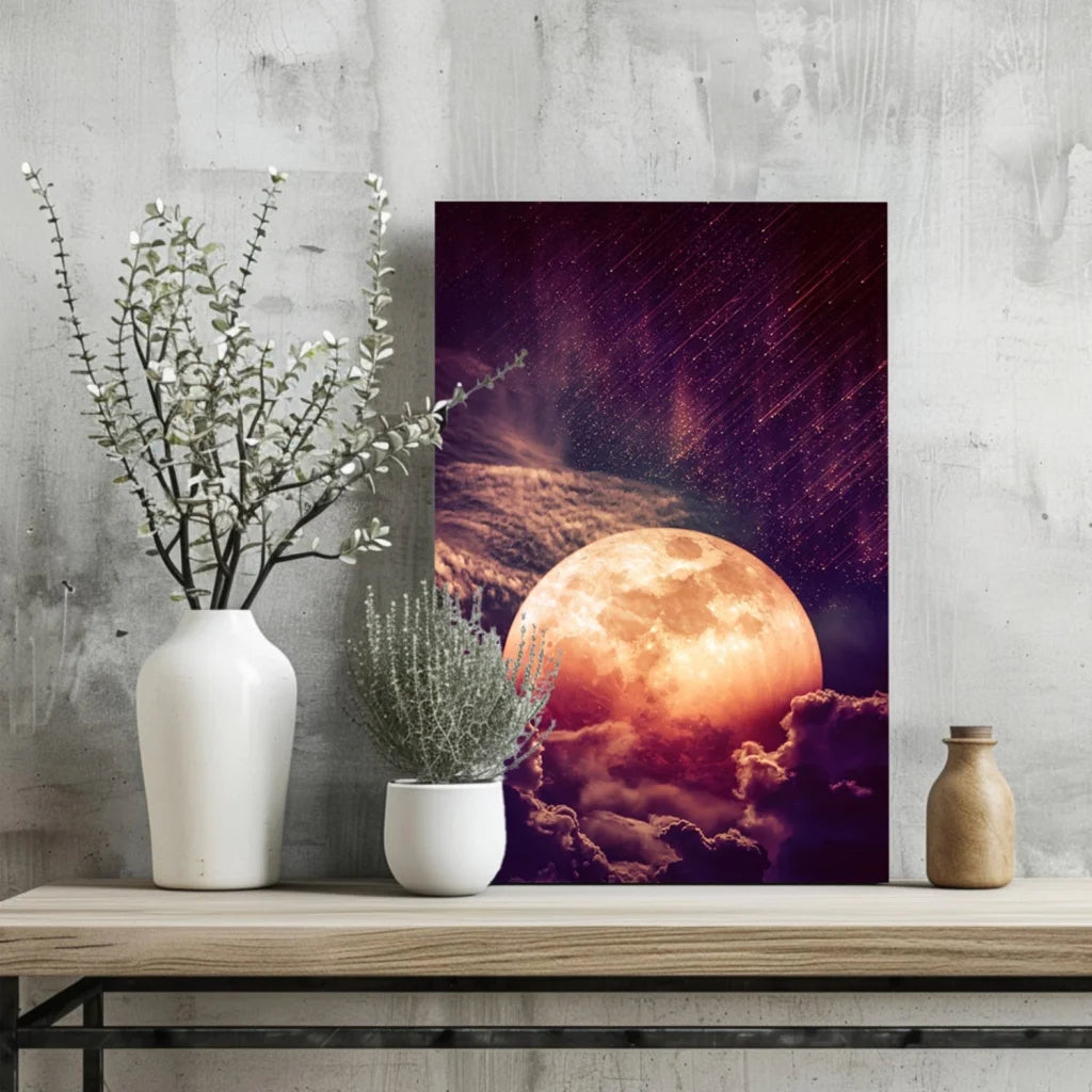 Vibrant orange moon on insigne aluminum print starry night sky