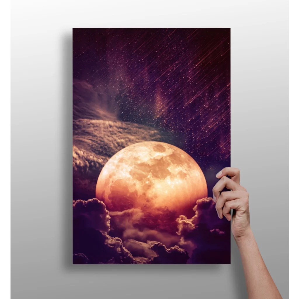Vibrant orange moon on insigne aluminum print starry night sky