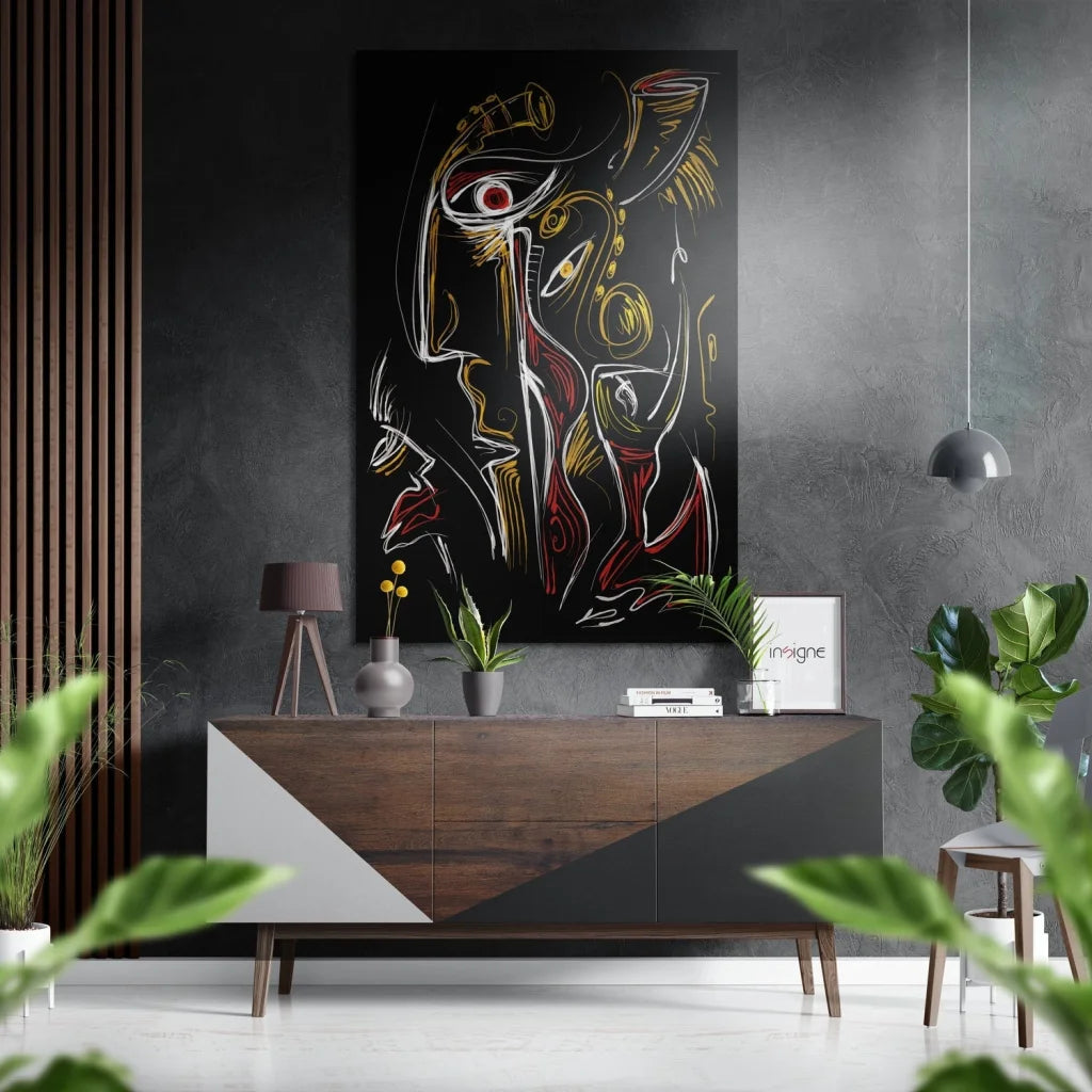 Abstract dibond wall art with bold white, red, gold lines on black