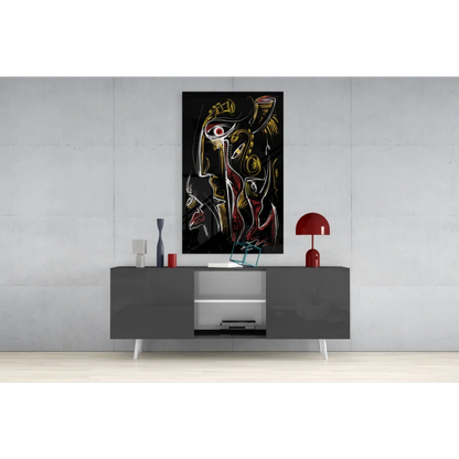 Bold abstract glass wall art with gold and red lines on dark canvas