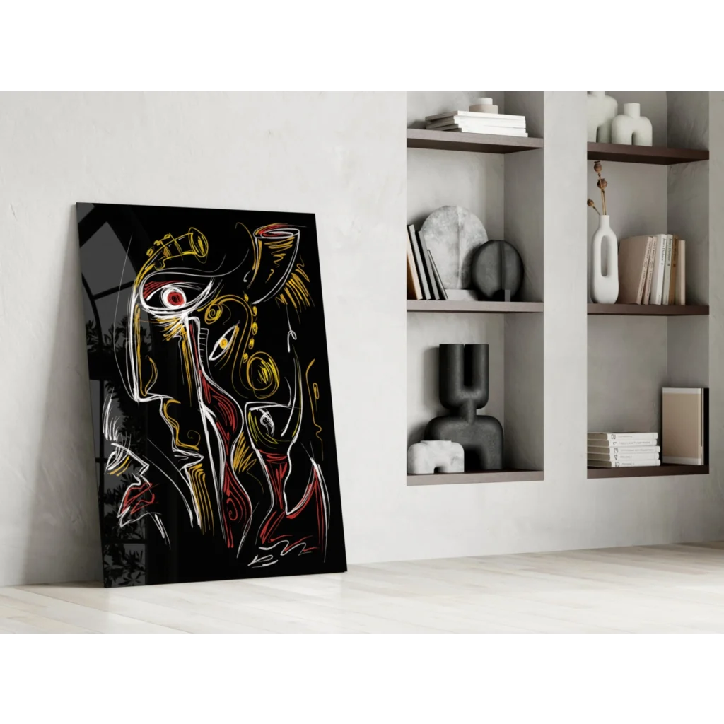 Bold abstract glass wall art with red gold lines and stylized faces