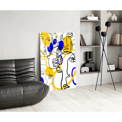Bold yellow and blue abstract faces glass wall art on white canvas