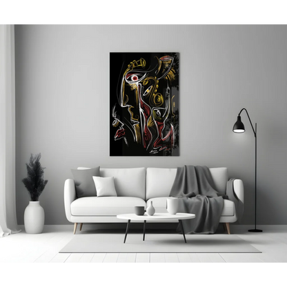 Bold abstract glass wall art with black, gold, and red lines on dark background