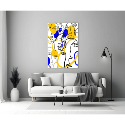 Bold yellow and blue abstract faces wall art on white canvas