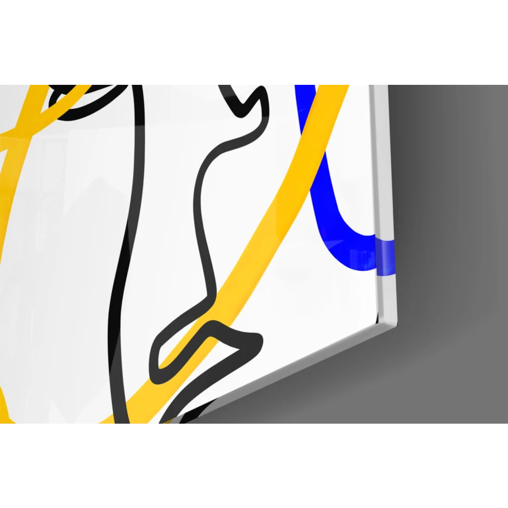 Bold abstract faces glass wall art with black, yellow, blue lines on white