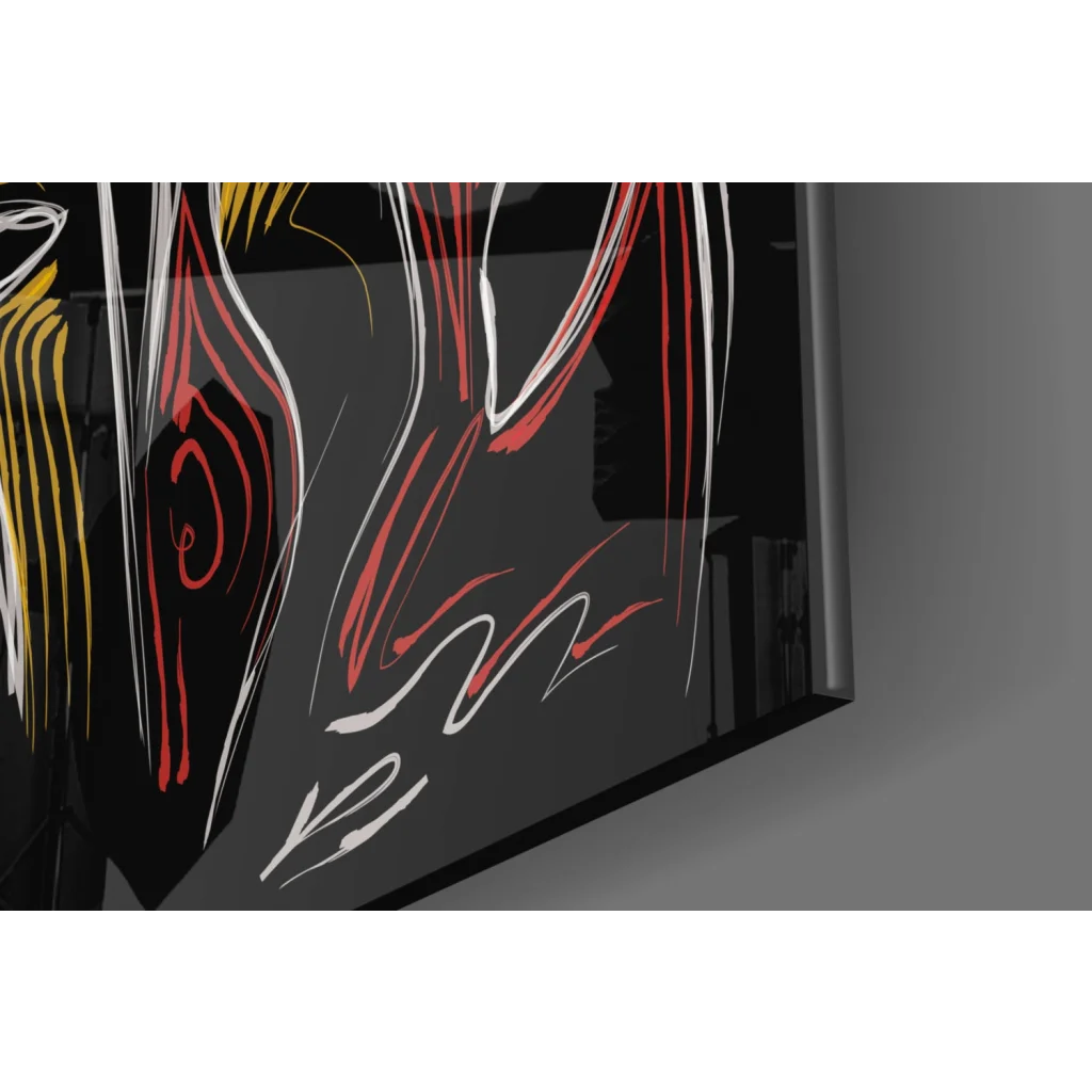 Bold abstract glass wall art with vibrant red, white, yellow lines on black
