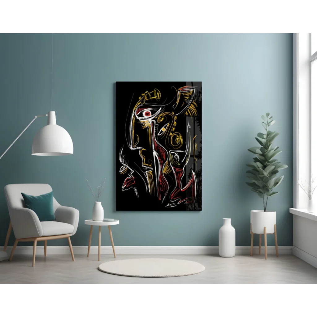 Bold abstract glass wall art with gold and red lines on black canvas
