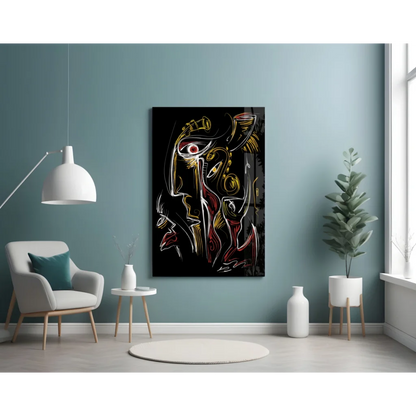 Bold abstract glass wall art with gold and red lines on black canvas