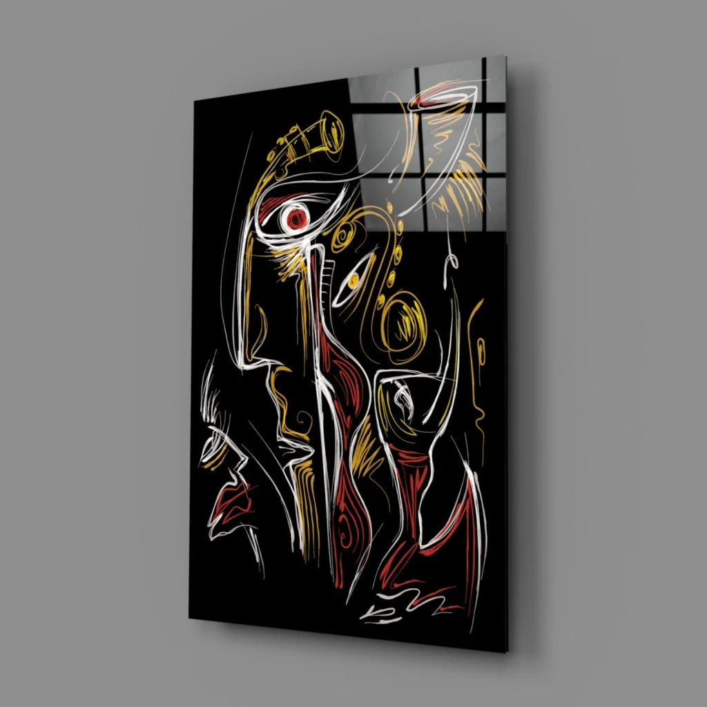 Bold abstract glass wall art with gold and red lines on black grid