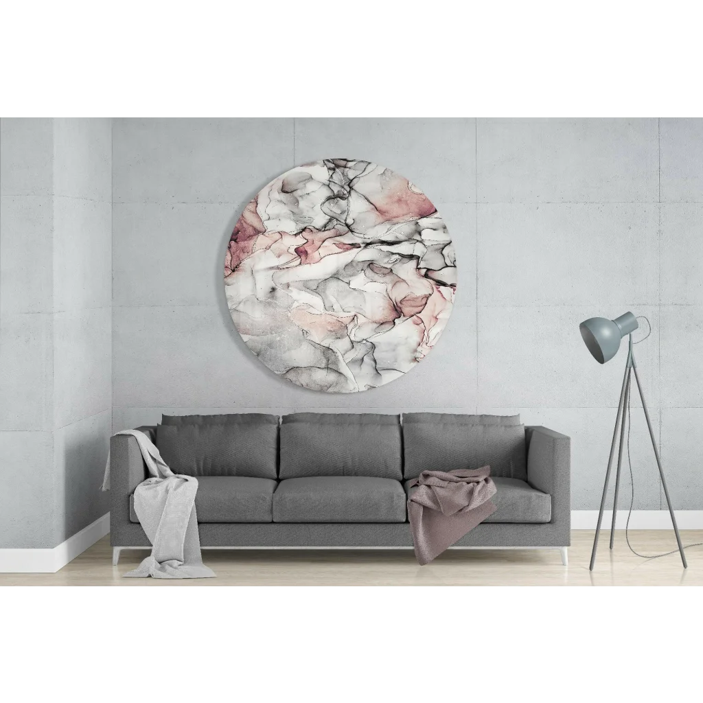 Swirling pink tempered glass art with soft pink, white, gray swirls and black veining