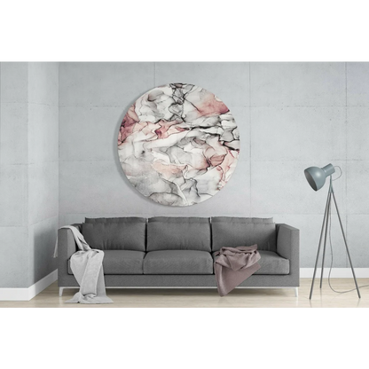 Swirling pink tempered glass art with soft pink, white, gray swirls and black veining