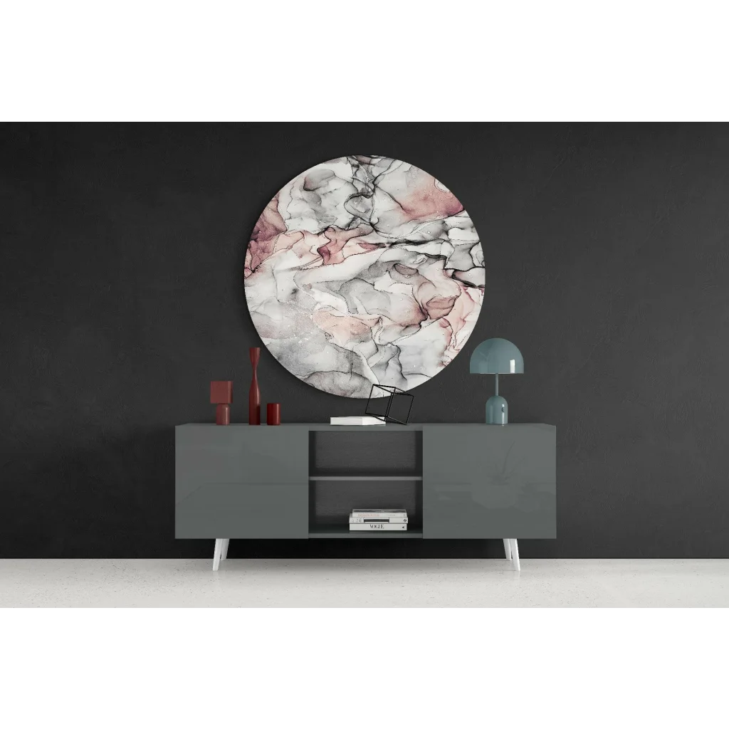 Swirling pink tempered glass art with marble pattern and black veining