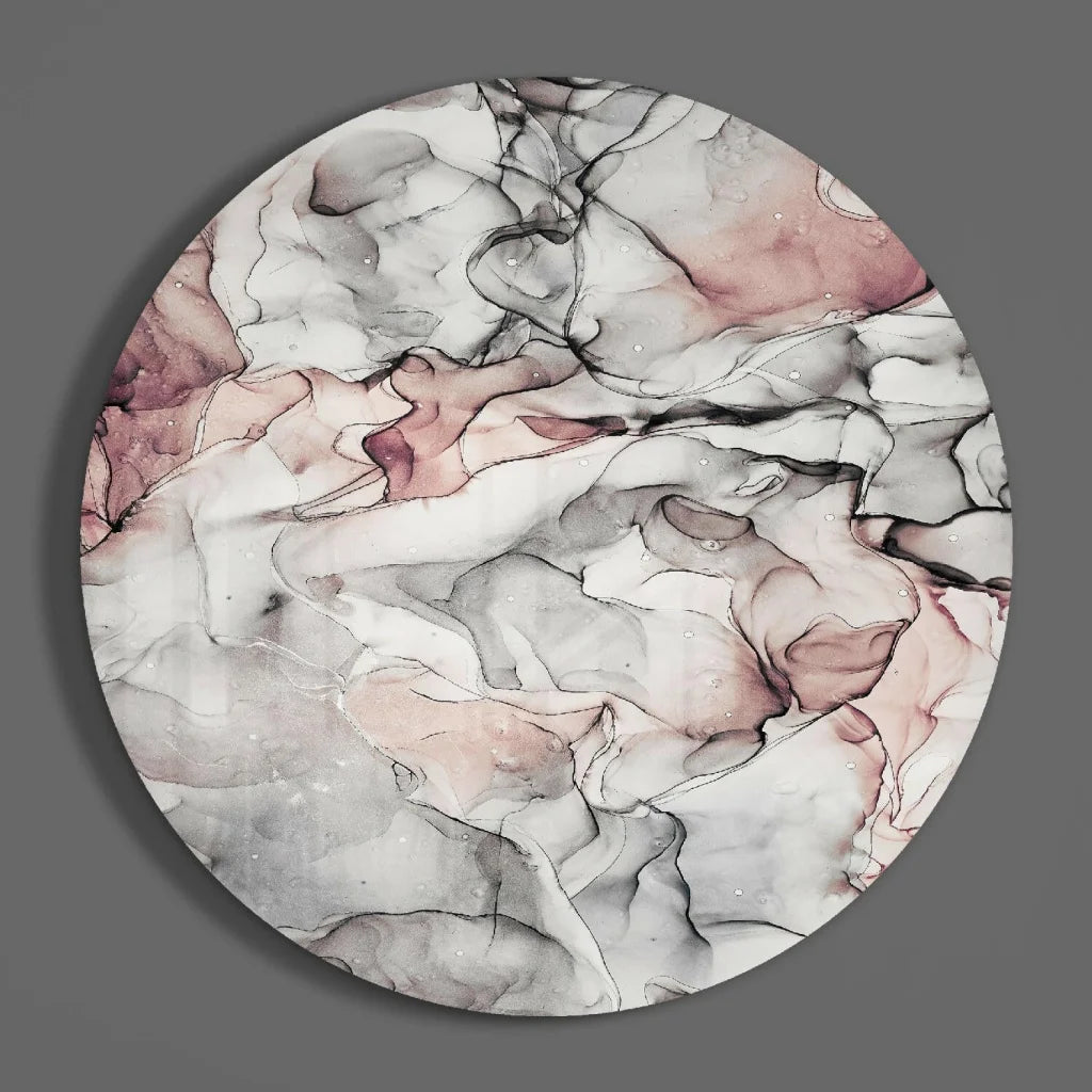 Swirling pink tempered glass art with muted patterns