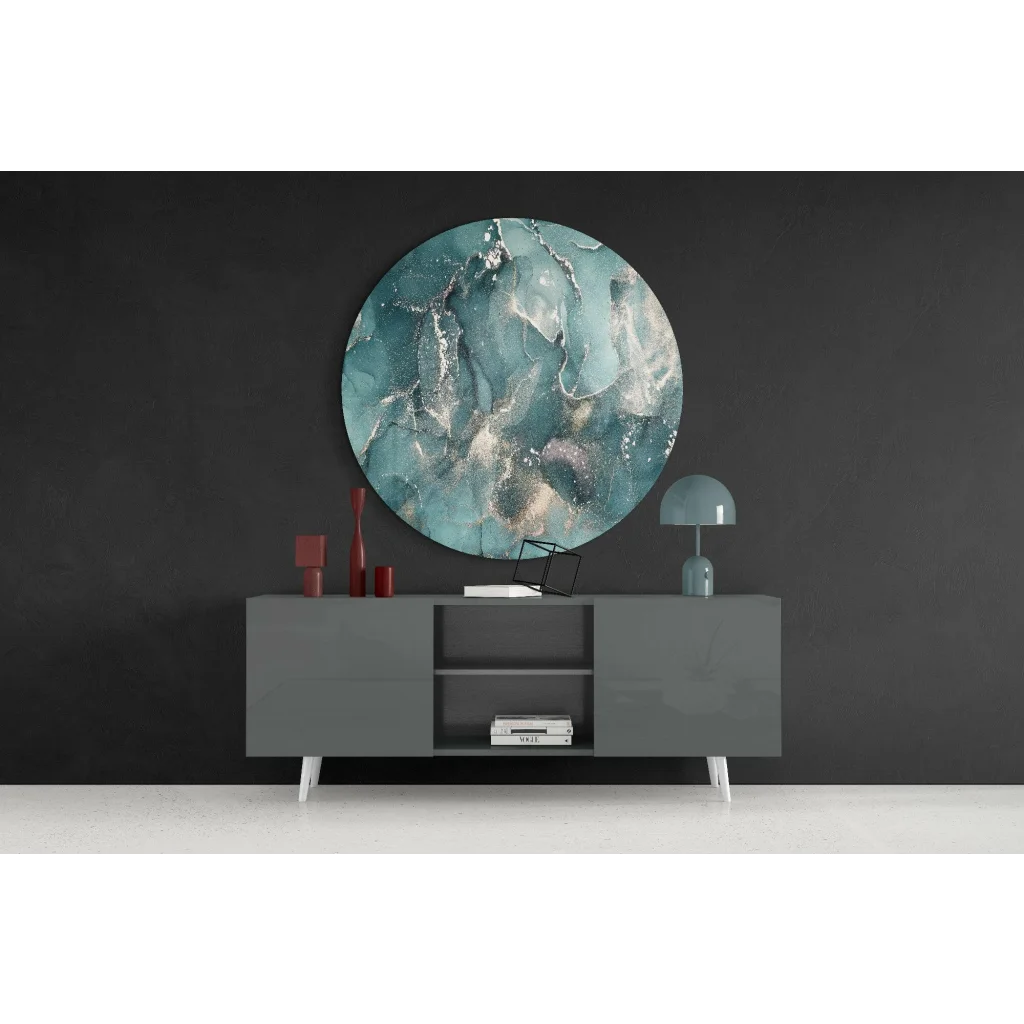 Stunning teal marbled tempered glass art on dark wall