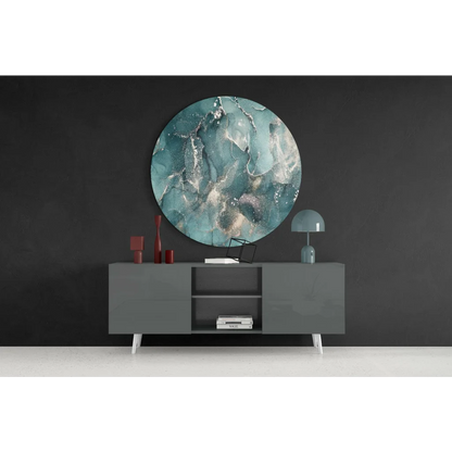 Stunning teal marbled tempered glass art on dark wall