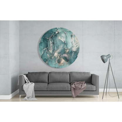 Circular teal and white tempered glass art on wall