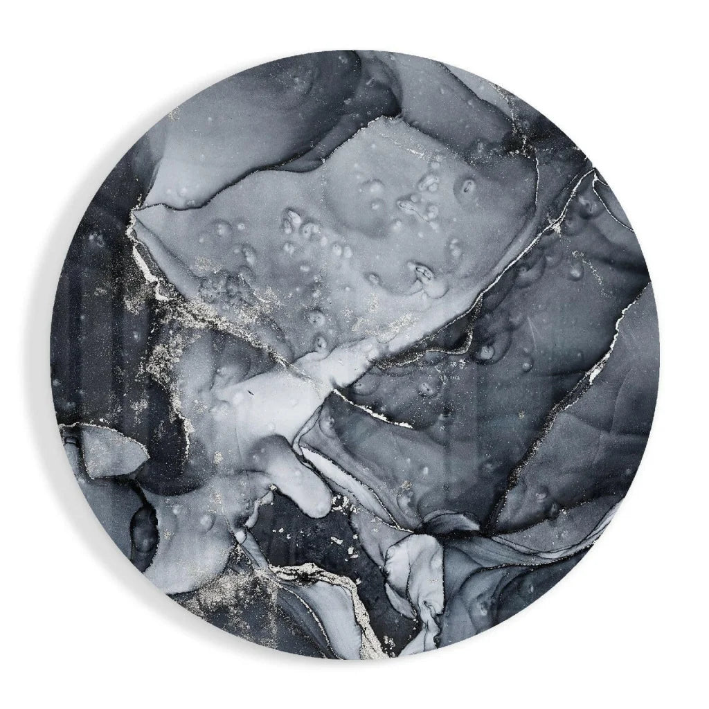 Swirling black silver tempered glass art with metallic ink swirls