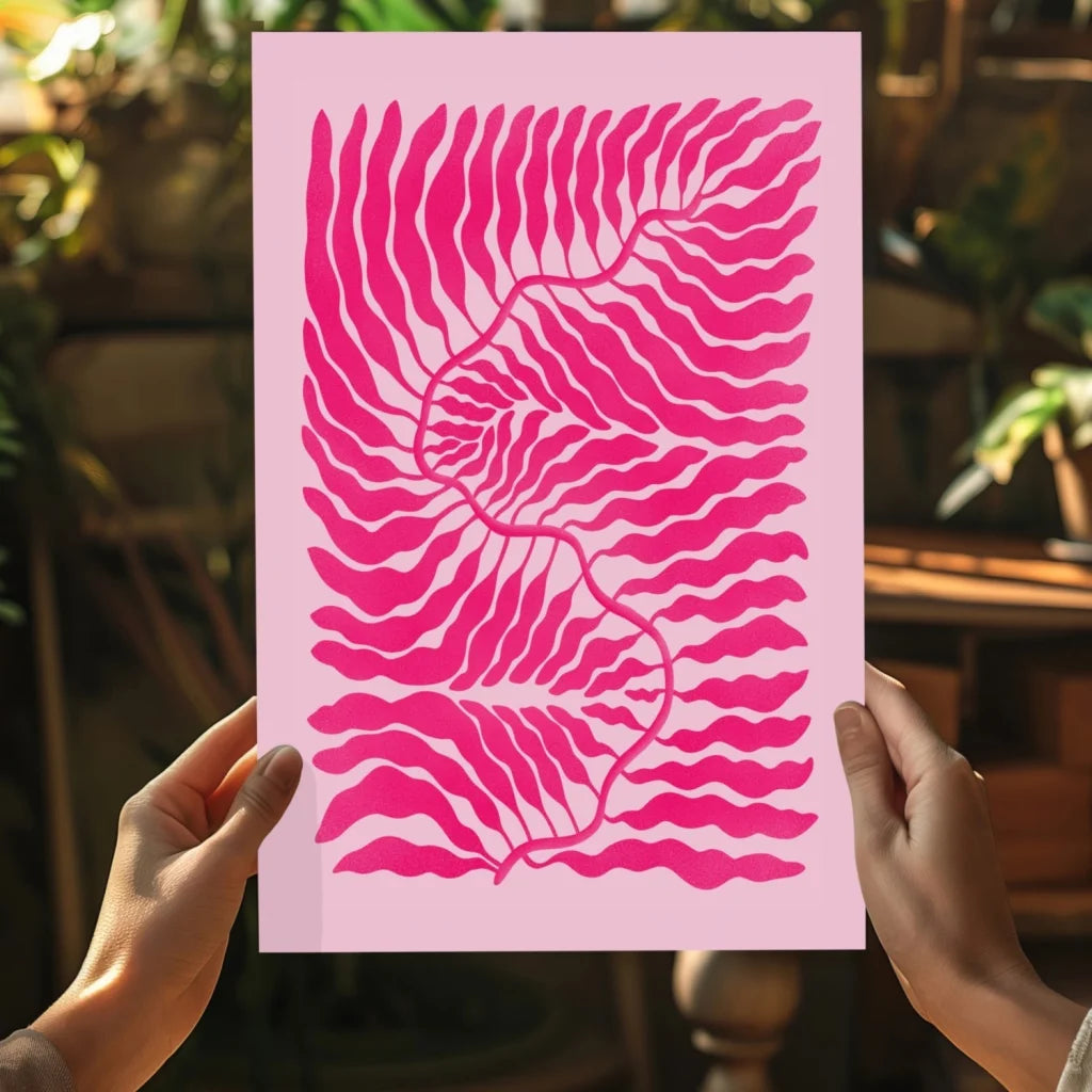 Vibrant pink abstract leaf on light pink paper, held by hands, Bold Pink Zebra Insigne Aluminum Print