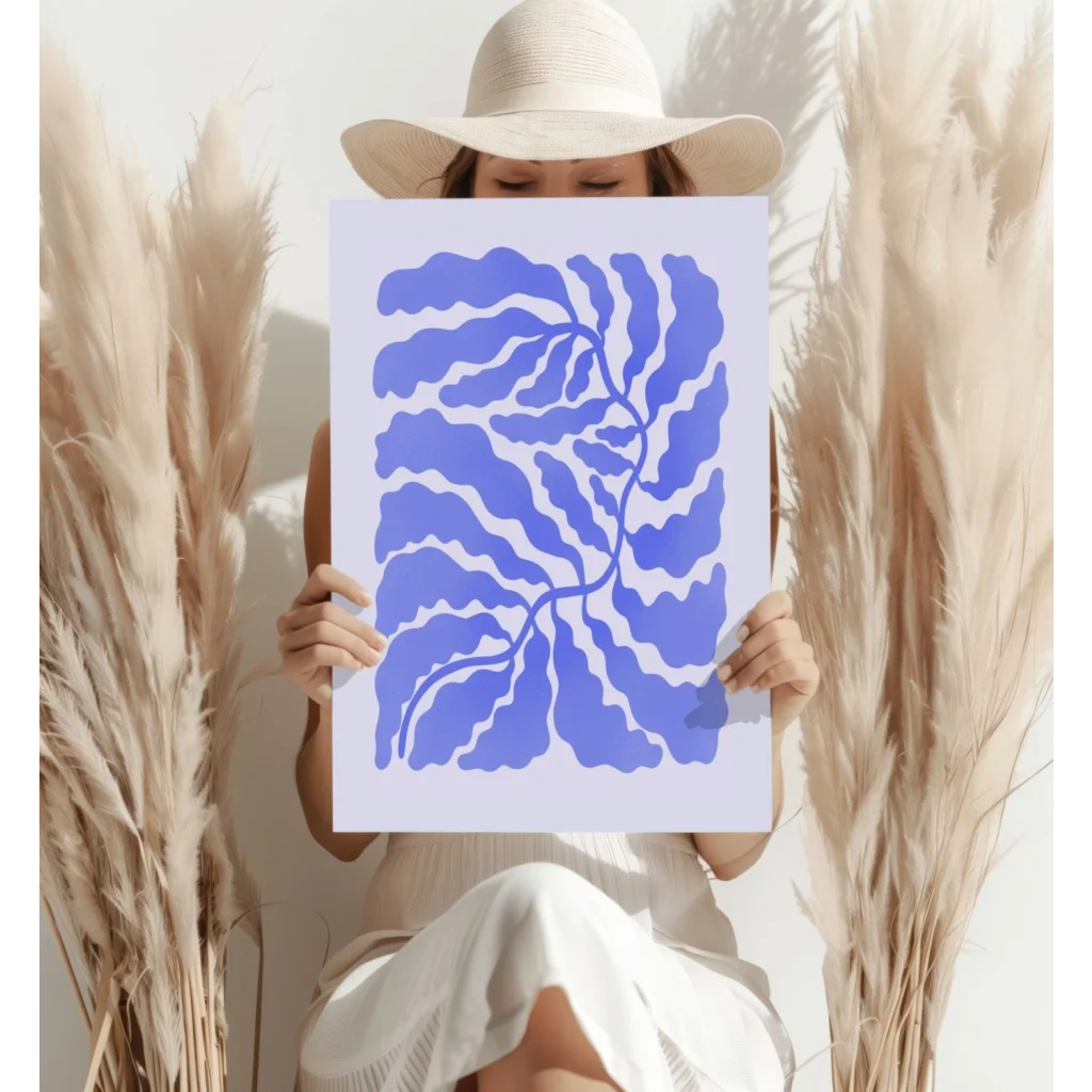 Stylized blue leaf insigne aluminum print on lavender background