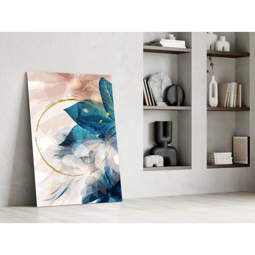 Blue feather abstract wall art canvas with gold circular accents