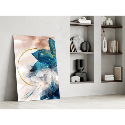 Blue feather abstract wall art canvas with gold circular accents
