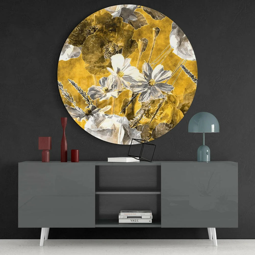 Stunning gold floral tempered glass art circle with white flowers on textured background