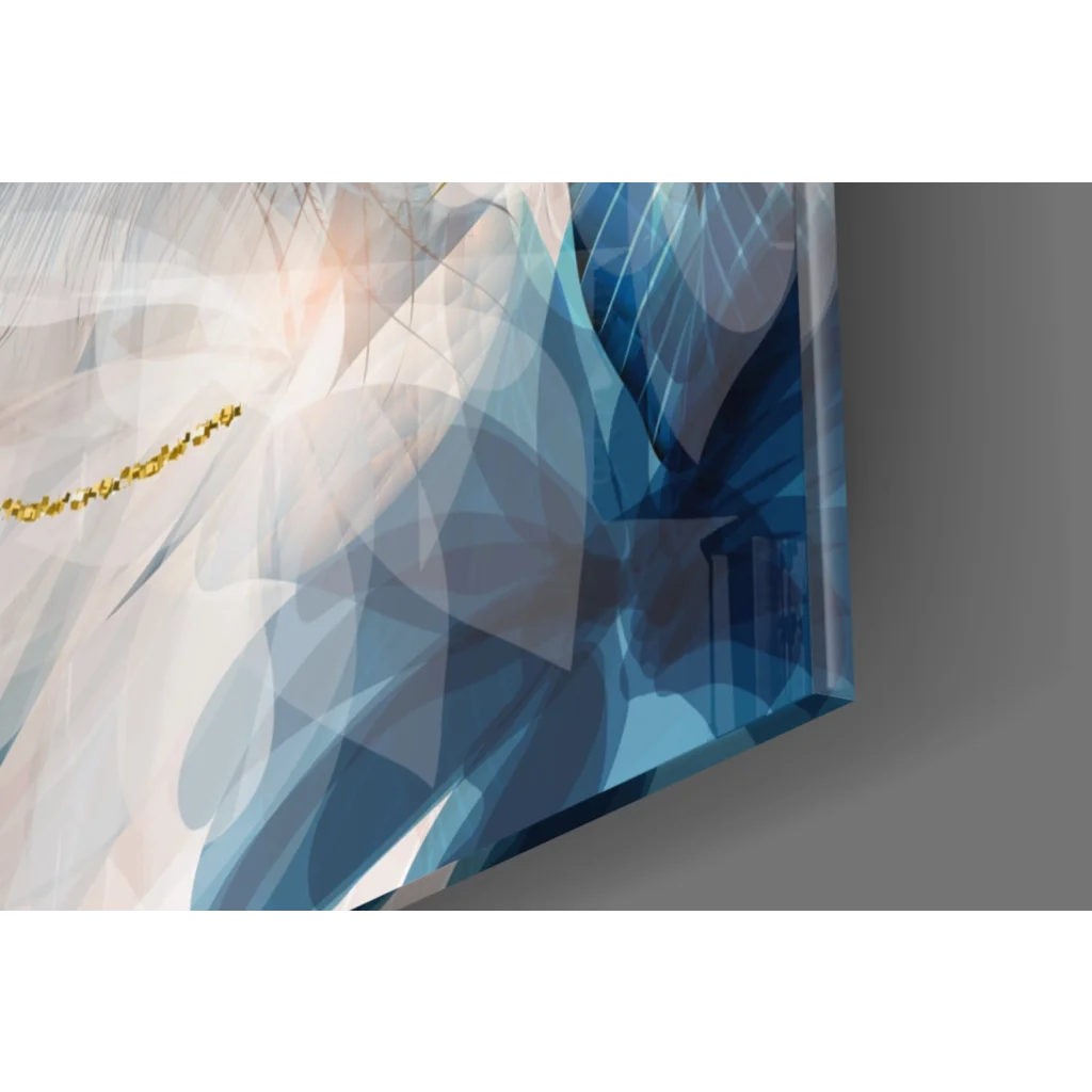 Modern Blue Feather abstract glass wall art with gold accents and translucent triangles